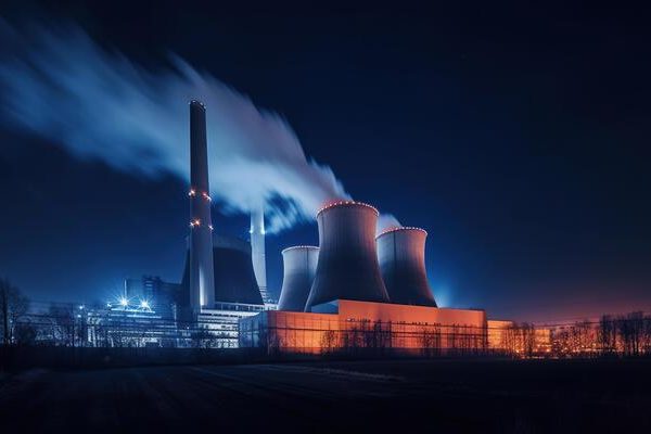 a-large-brown-coal-power-station-with-night-blue-sky-and-steam-generative-ai-photo